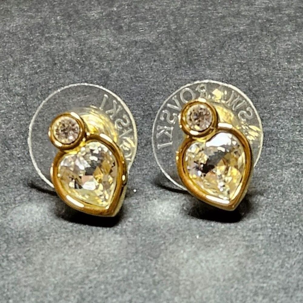 Gold Tone Clear Swarovski Crystal Heart Stud Earrings